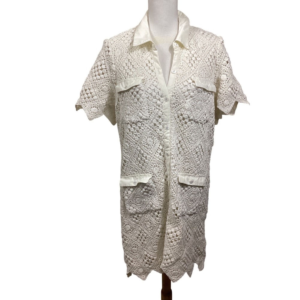 Saylor Ivory Cotton Crochet Lace Short Sleeve Button Front Mini Dress M Resort